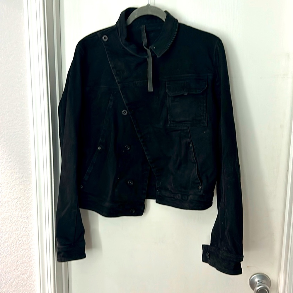 Black denim motorcycle jacket